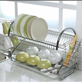 Kệ đựng bát đĩa inox 2 tầng chữ S. Kệ úp chén bát inox 304 chắc chắn. Kệ để đồ nhà bếp có khay hứng nước tiện lợi