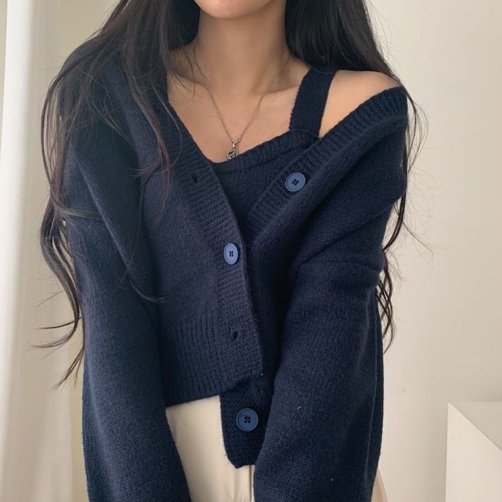 Set Áo Khoác Cardigan Dệt Kim + Áo Hai Dây Phong Cách Hàn Quốc