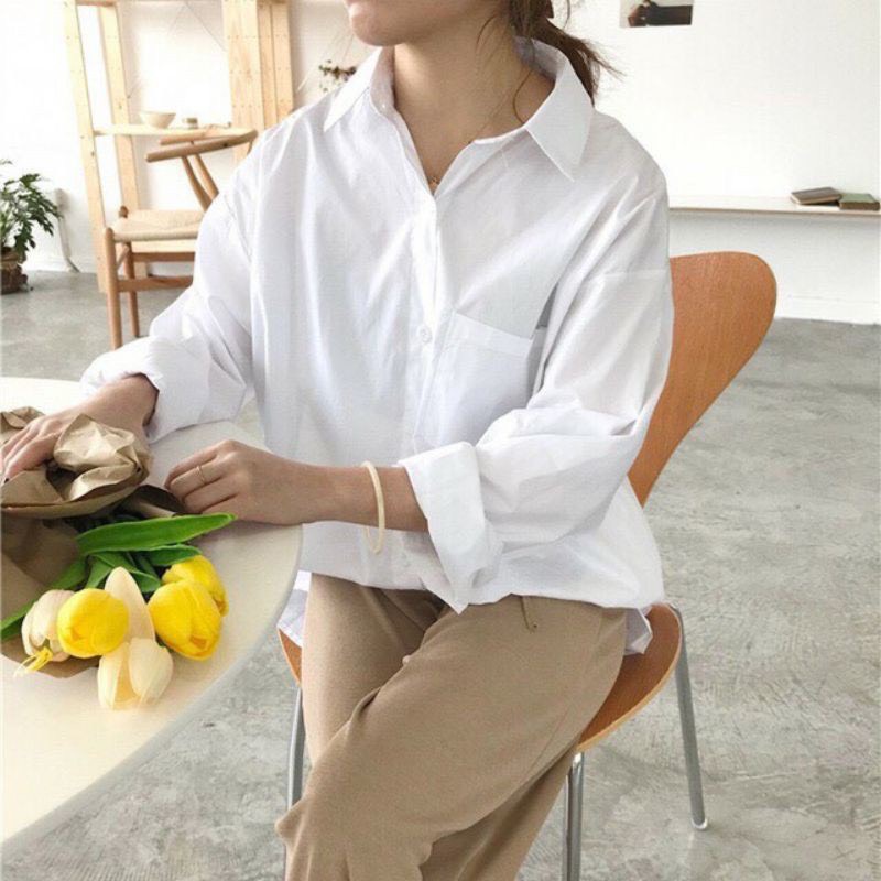 Áo sơ mi trắng dài tay Fom rộng ulazzang basic-Sơ mi trắng đi học