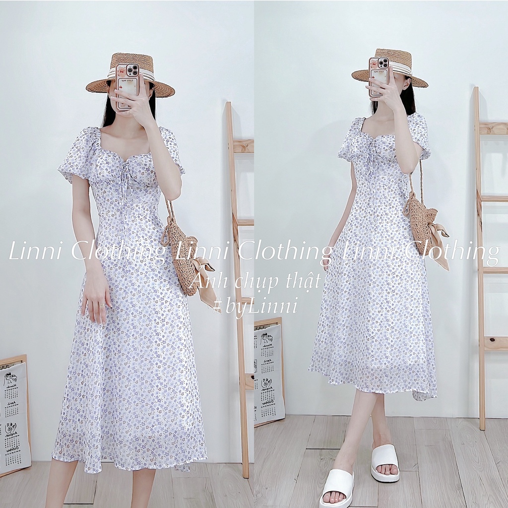 Đầm maxi hoa nhí tím đi biển siêu xinh | Đầm váy hoa tím dáng dài nơ ngực (đi chơi, đi tiệc, event)