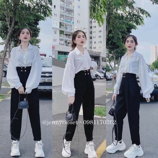 Quần baggy cạp cao phối 4 khuy cúc bấm kiểu quần vải nữ cạp siêu cao cực tôn dáng