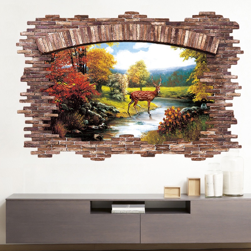 Decal tranh dán tường 3D trang trí nhà cửa - khu rừng và con hươu ( 60 x 90 cm)