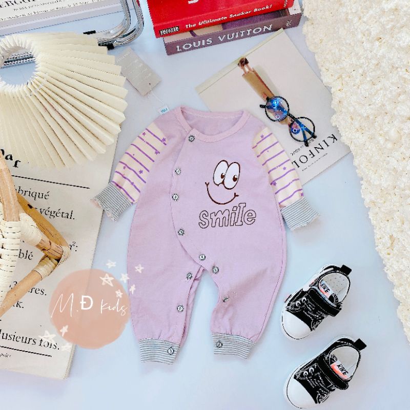 Body Dài Tay Sơ Sinh Vải Cotton, Hình Mặt Smile Cho Bé 3-9kg