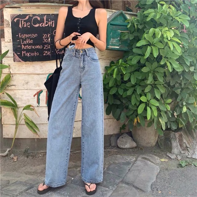 [ sẵn ] Quần bò ống rộng retro / quần jeans dài culottes ulzzang lưng cao chân ...