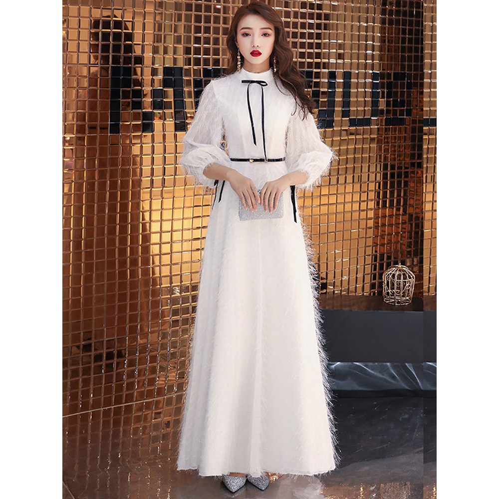 Đầm dạ hội dự tiệc dài lông commuter phong cách Pháp bigsize màu trắng thắt eo giá rẻ tốt đẹp | BigBuy360 - bigbuy360.vn