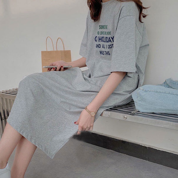 Đầm Thun Dài Qua Gối Tay Ngắn Dáng Rộng Thời Trang Mùa Hè Xinh Xắn Cho Nữ