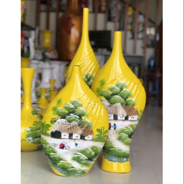 Set 3 Lọ Hoa Sơn Mài Vẽ Cảnh Đồng Quê Việt Nam