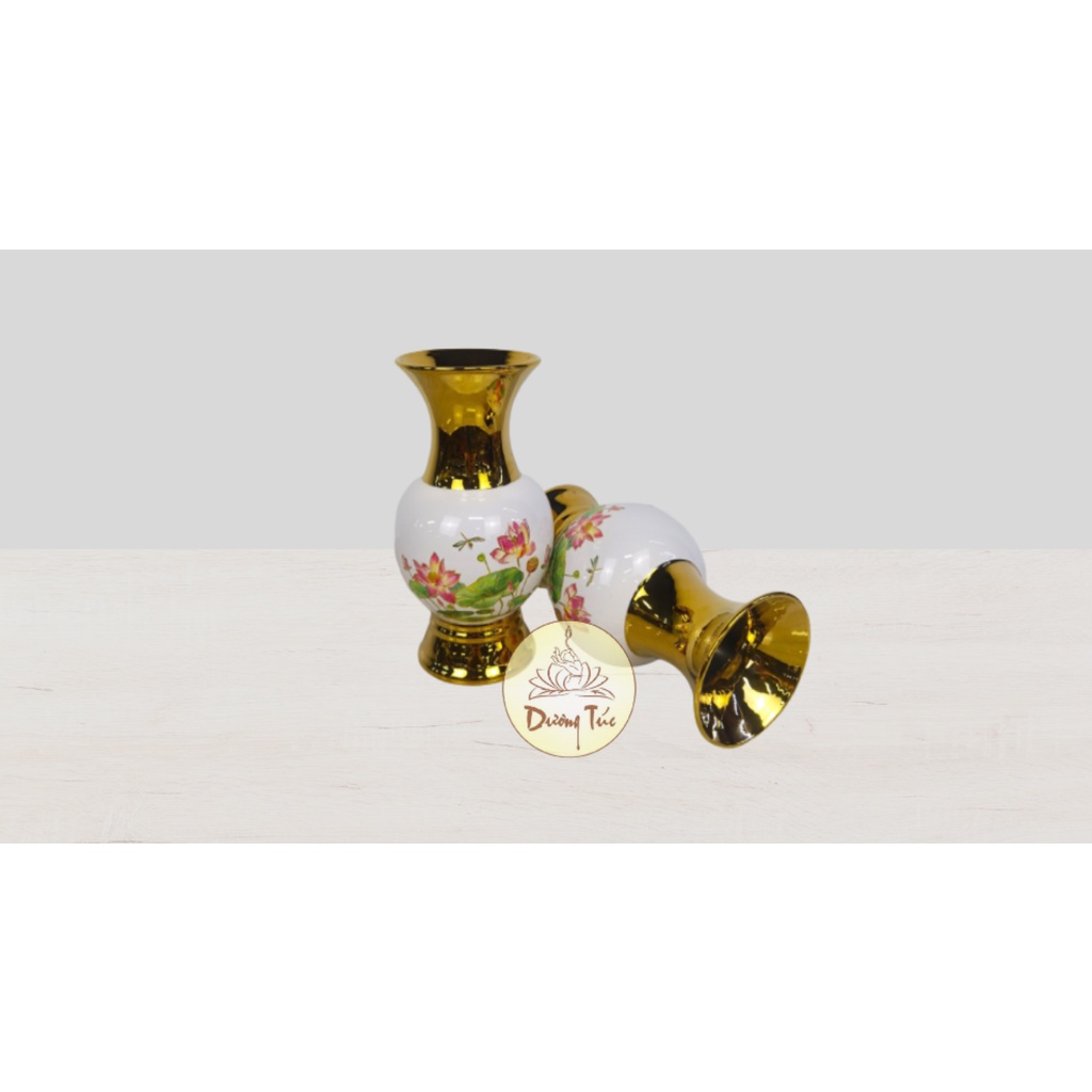 Bộ Đồ Thờ Cúng : Bình Hoa , Lư Hương ( Bát Nhang ) , Đĩa Trái Cây , Chung Nước Đại Bi  - Sứ Trắng Sen Vẽ (2040):