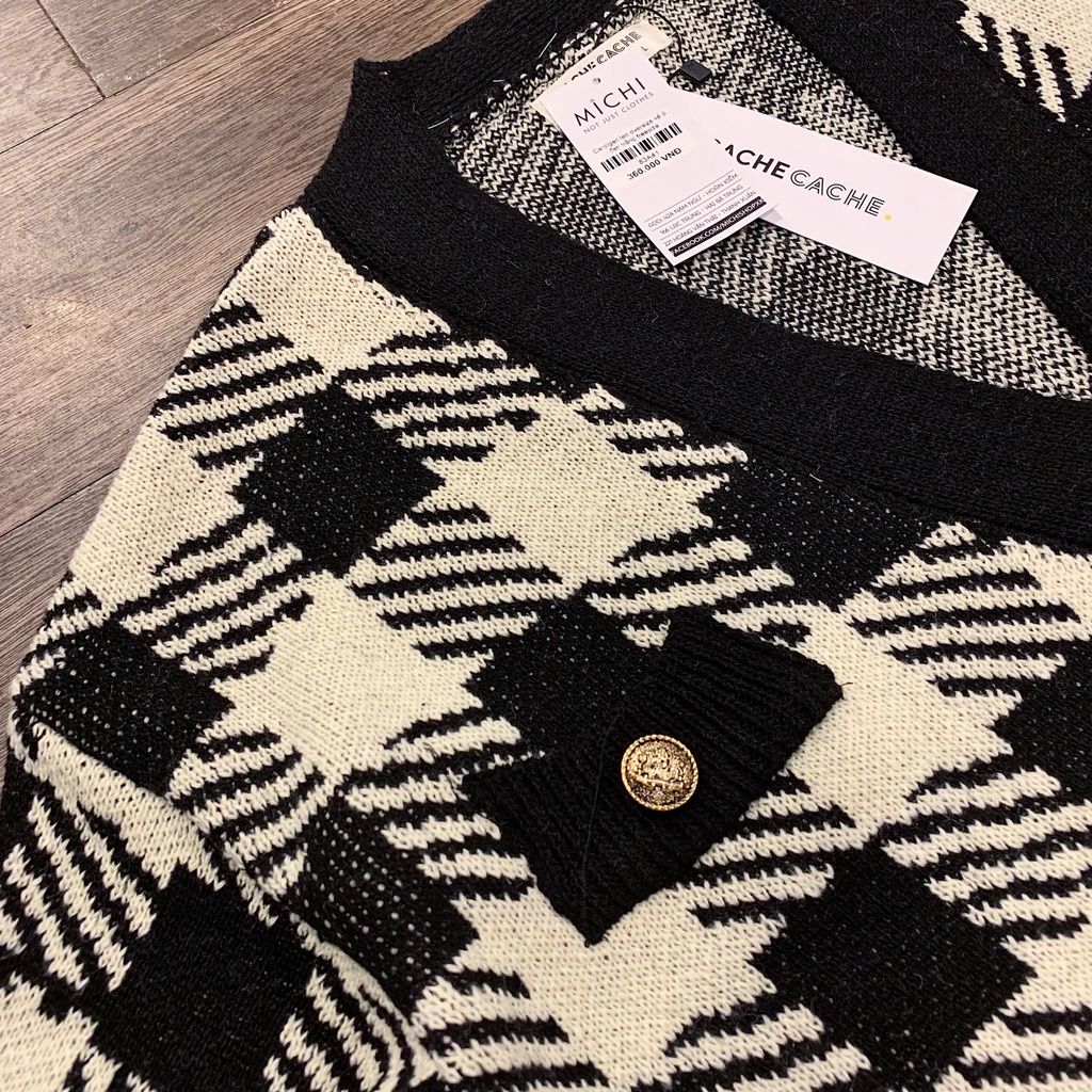 Áo cardigan len dáng oversize kẻ đen be - 83A41