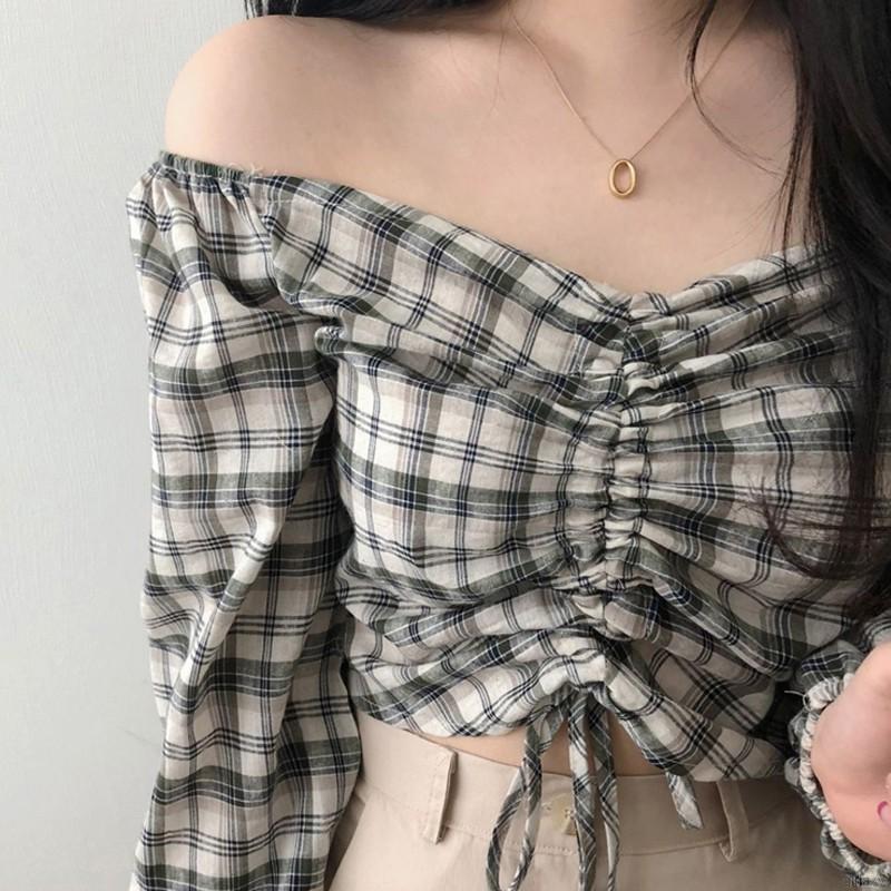 Áo crop top tay dài thiết kế dây rút phong cách Hàn Quốc cho nữ