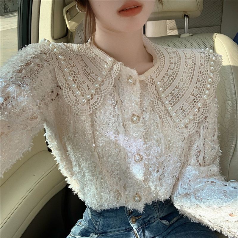 Áo sơ mi ren nữ búp bê cổ áo thiết kế , áo sơ mi dài tay mỏng mùa xuân 2021 - Có ảnh thật