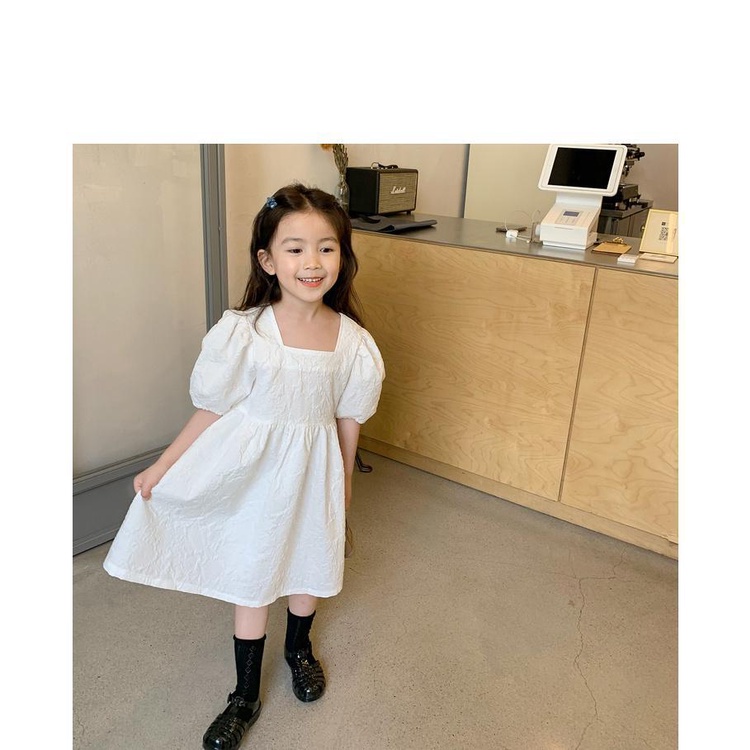 Đầm Cotton Trắng Cổ Vuông Dập Nổi Họa Tiết Búp Bê Thời Trang Mùa Hè Cho Bé Gái