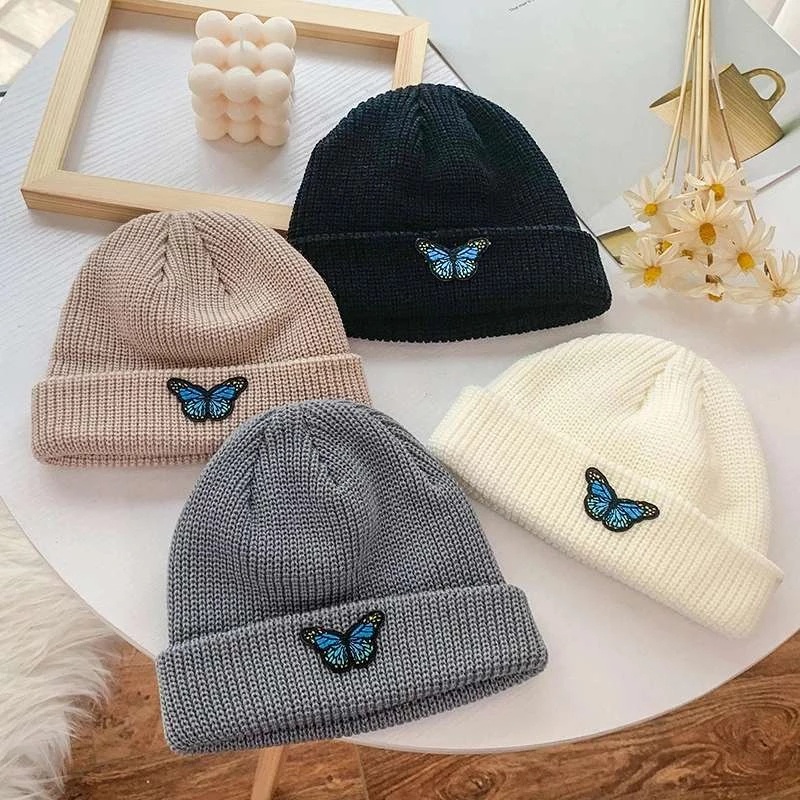 Mũ  dệt kim mềm co giãn thêu hình bướm thời trang mùa đông cho nam và nữ