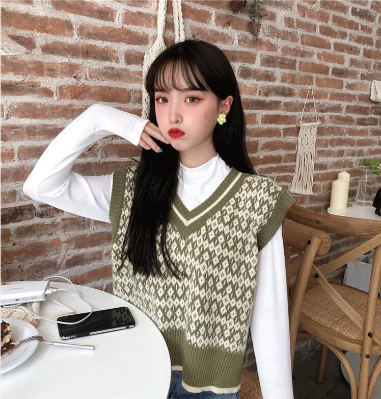 Áo Sweater Dệt Kim Sát Nách Màu Cà Phê Sọc Ca Rô Kiểu Hàn Quốc Thời Trang Mùa Thu Cho Nữ