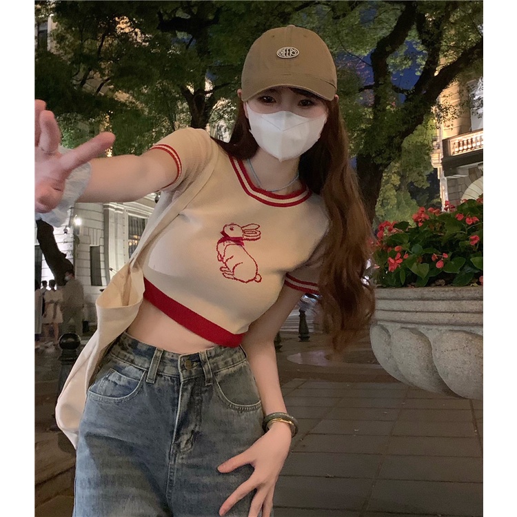 Cocory vn Áo Thun Dệt Kim Tay Ngắn Cổ Tròn Thêu Hình Thỏ Thời Trang Mùa Hè Quyến Rũ Cho Nữ