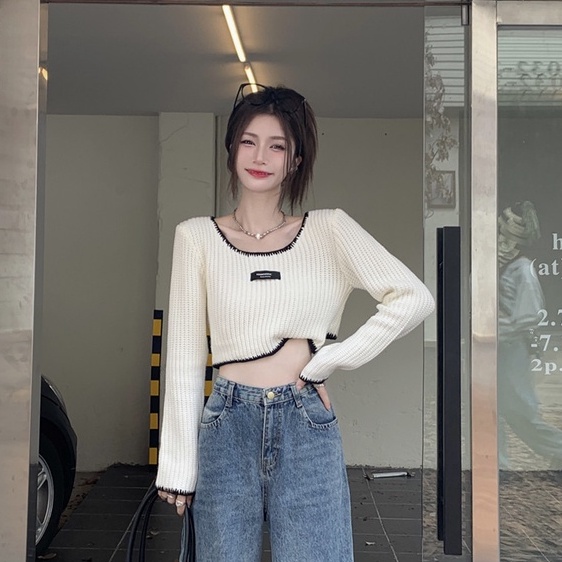 ZHELIHANGFEI Áo Dệt Kim Tay Dài Cổ Vuông Lưng Cao Quyến Rũ Thời Trang Cho Nữ