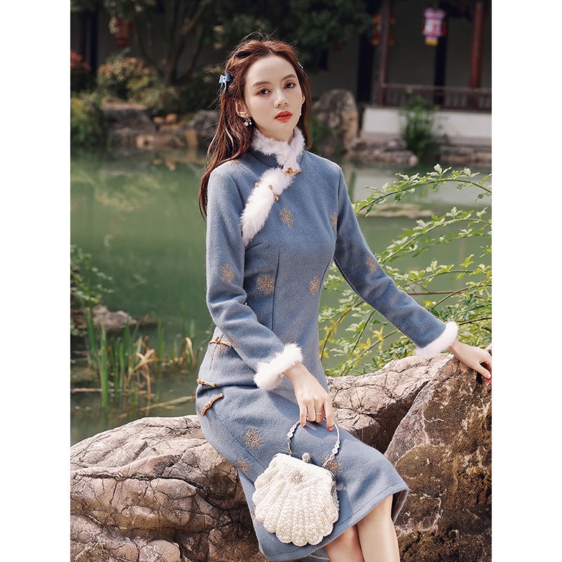 Đầm Sườn Xám Cách Tân Tay Dài Bằng Lông Thỏ Nhân Tạo Phong Cách Trung Hoa Thời Trang Mùa Đông 2022 Mới