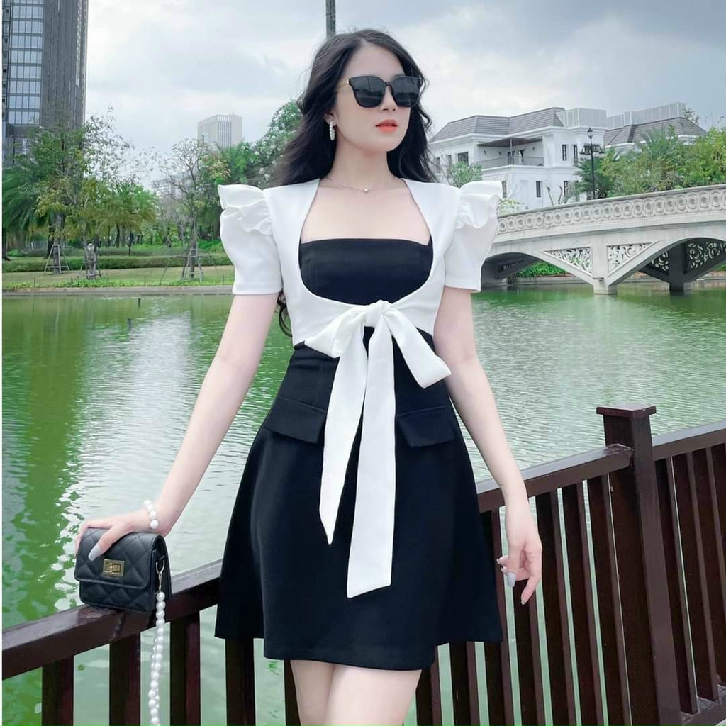 Sét 2 món váy đầm nữ dáng xòe kèm áo khoác trắng cột nơ dễ thương
