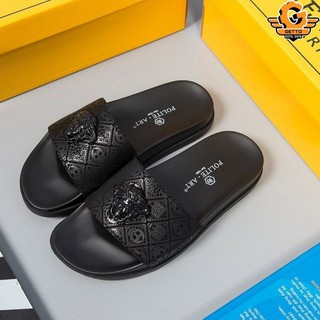 Dép quai ngang nam da bò cao cấp khắc laze in logoFull box_ BH 6 Tháng