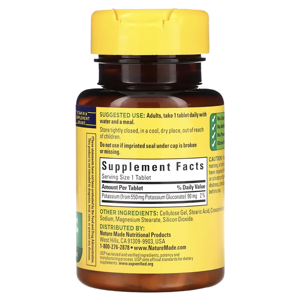 Viên Uống Giảm Căng Thẳng, Giảm Chuột Rút, Bổ Sung Sinh Lực Potassium Gluconate 100 viên Nature Made