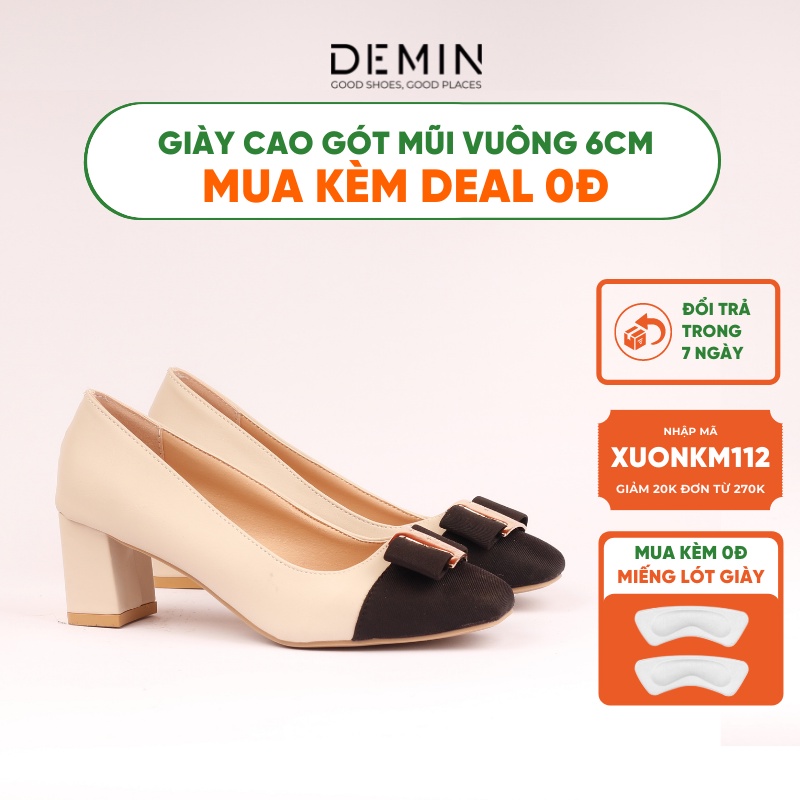 Giày cao gót DEMIN giày cao gót cao cấp mũi vuông gắn nơ xinh xắn đế 6cm - KCG053