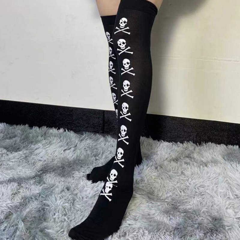 Tất Đen Dài Qua Gối Họa Tiết Bộ Xương Phong Cách Gothic Hóa Trang Halloween Cho Nữ