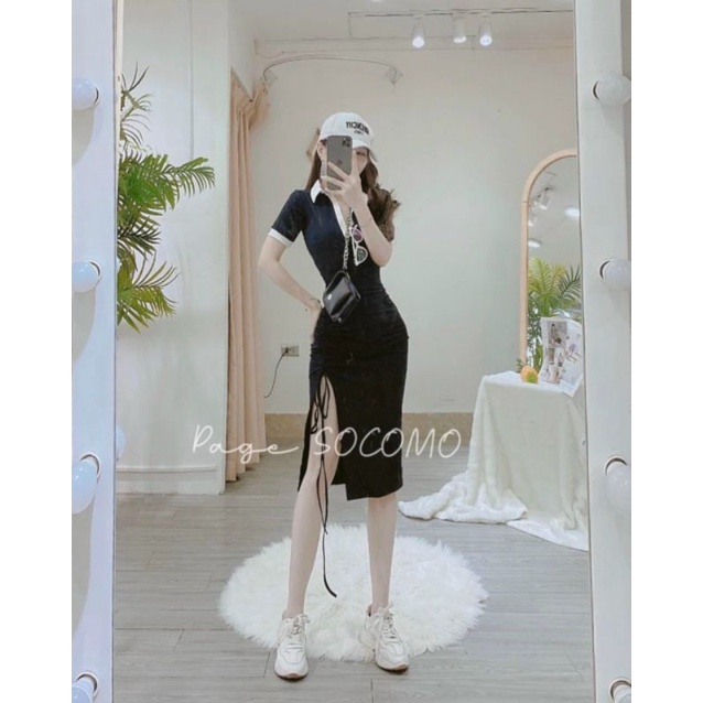 Đầm polo rút dây nhúng 1 bên