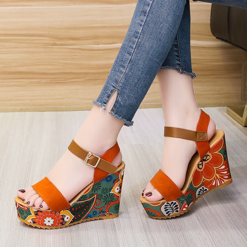 Sandal đế bằng hở ngón tăng chiều cao phong cách Bohemian thời trang đi biển thanh lịch cho nữ