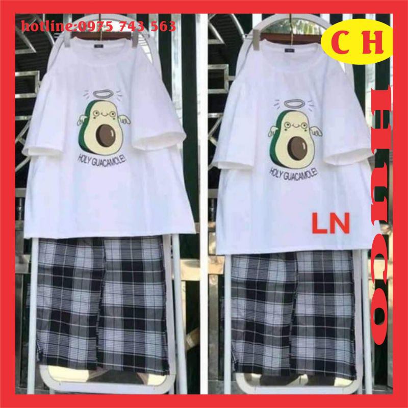 Sét áo QUẢ BƠ mix QUẦN KẺÁo chất cotton mềm mịn in hình quả bơ siêu netquần kẻ ống rộng chất thô mềmfreesize unisex