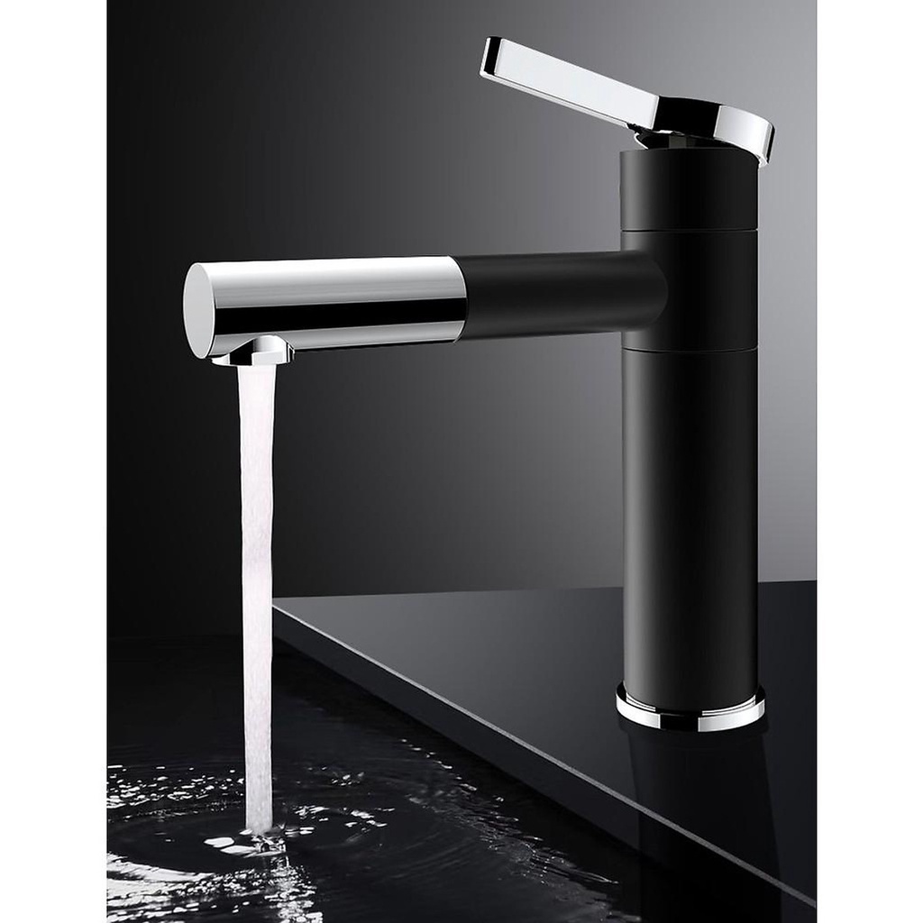 (Kèm dây cấp NL) Vòi bồn rửa mặt nóng lạnh, Vòi Lavabo trụ tròn sơn tĩnh điện Đen Bạc thiết kế sang trọng, đẹp mắt