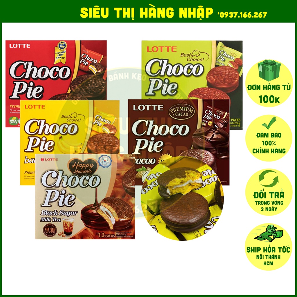 [5 vị] Hộp 12 bánh Chocopie Lotte Hàn Quốc 336g (trà sữa, socola, matcha trà xanh, chuối, cacao )