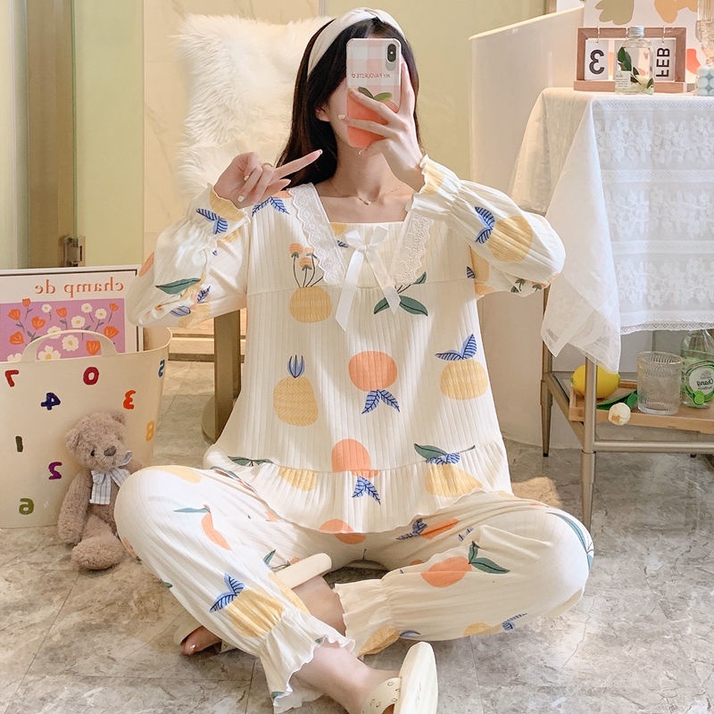 Bộ đồ ngủ tay dài thời trang thu đông kiểu công chúa phong cách Hàn Quốc xinh xắn dành cho nữ