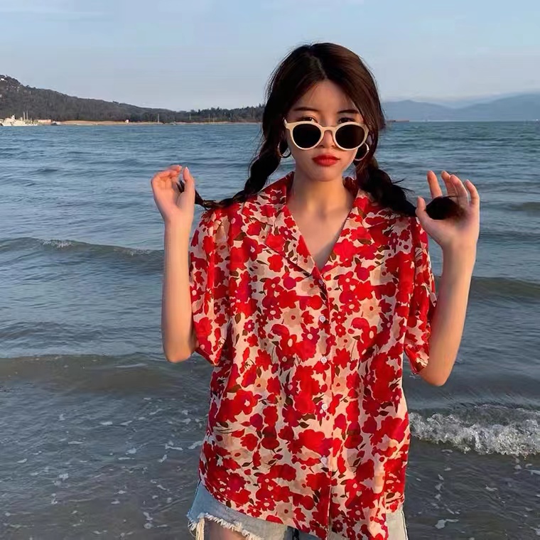 Áo sơ mi SUXI tay ngắn dáng rộng in họa tiết hoa màu đỏ phong cách vintage thời trang mùa hè dành cho nữ