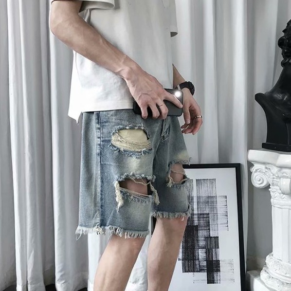 Quần Short Jean Ống Rộng Phong Cách Retro Hong Kong Cho Nam