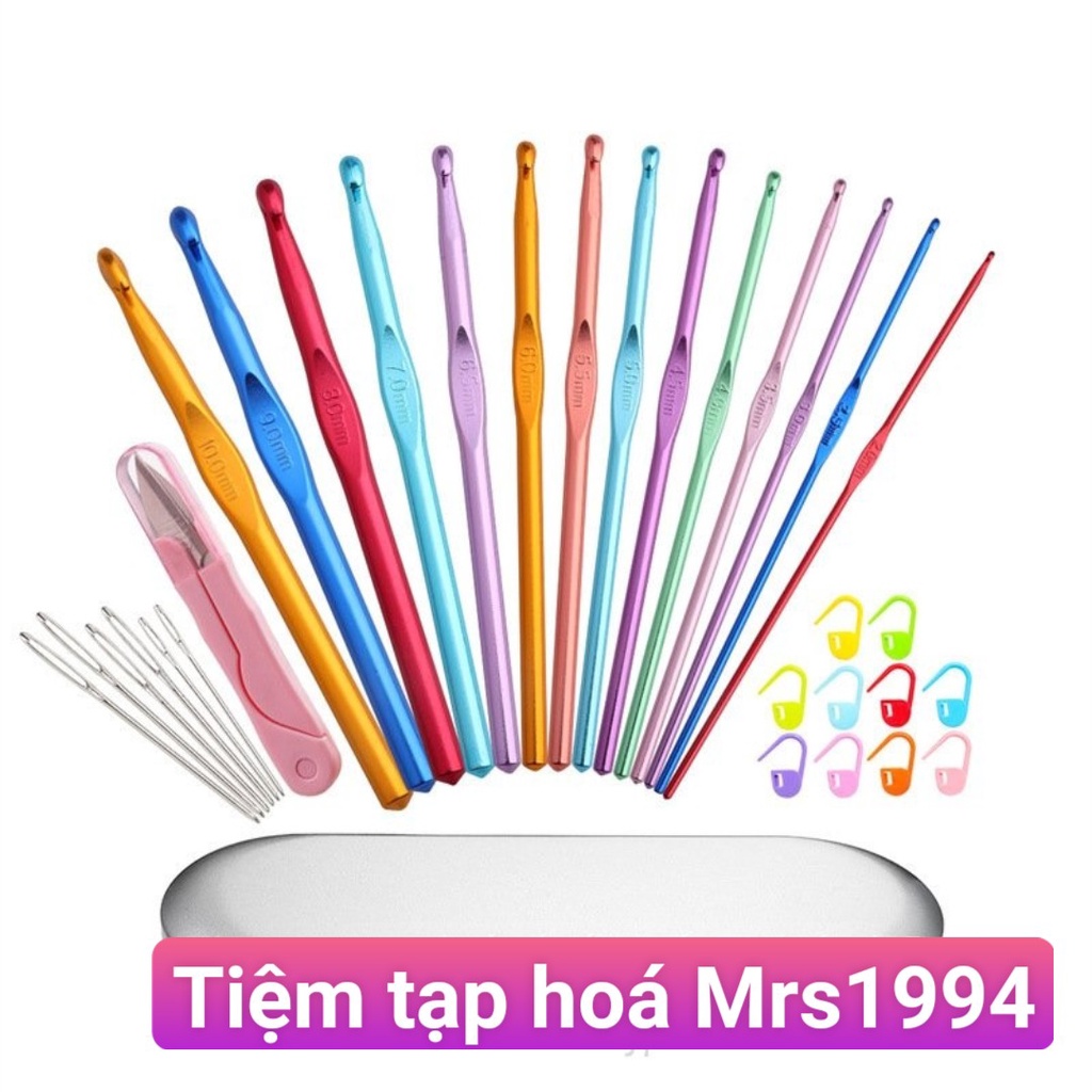 HỘP THIẾC 14 KIM MÓC ĐẦY ĐỦ DỤNG CỤ NHƯ HÌNH CHO NGƯỜI MỚI BẮT ĐẦU LÀM QUEN LEN SỢI