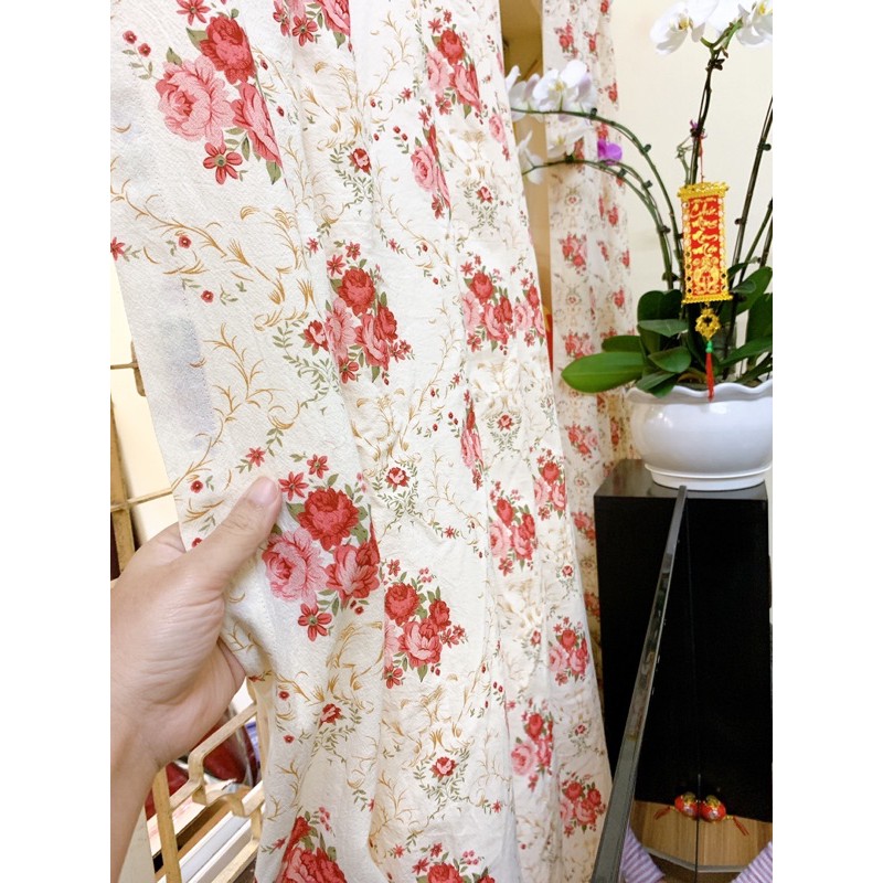 Thanh lý 1 tấm Rèm vintage hoạ tiết hoa hồng (vải thô đũi cara) 1,4x1,8m