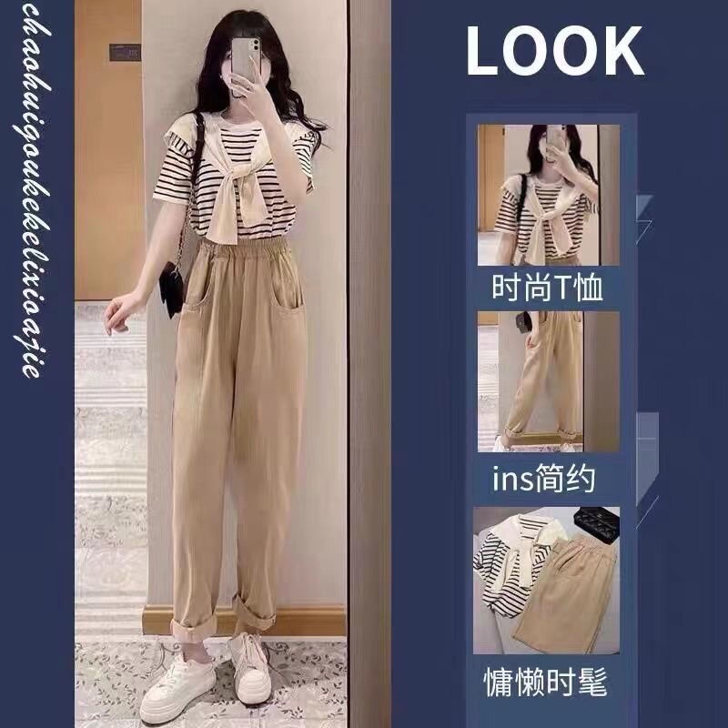 Set áo thun sọc ngang và quần dài ống rộng thời trang nữ (có bán lẻ)