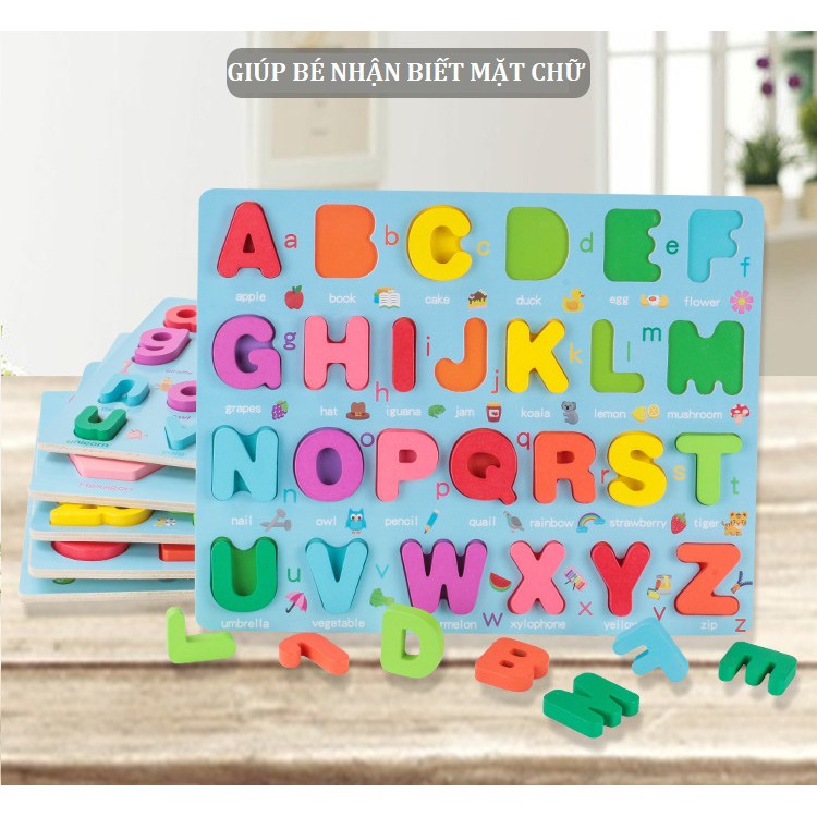 Đồ Chơi bảng gỗ khối 3D nhiều chủ đề cho bé học chữ cái và số