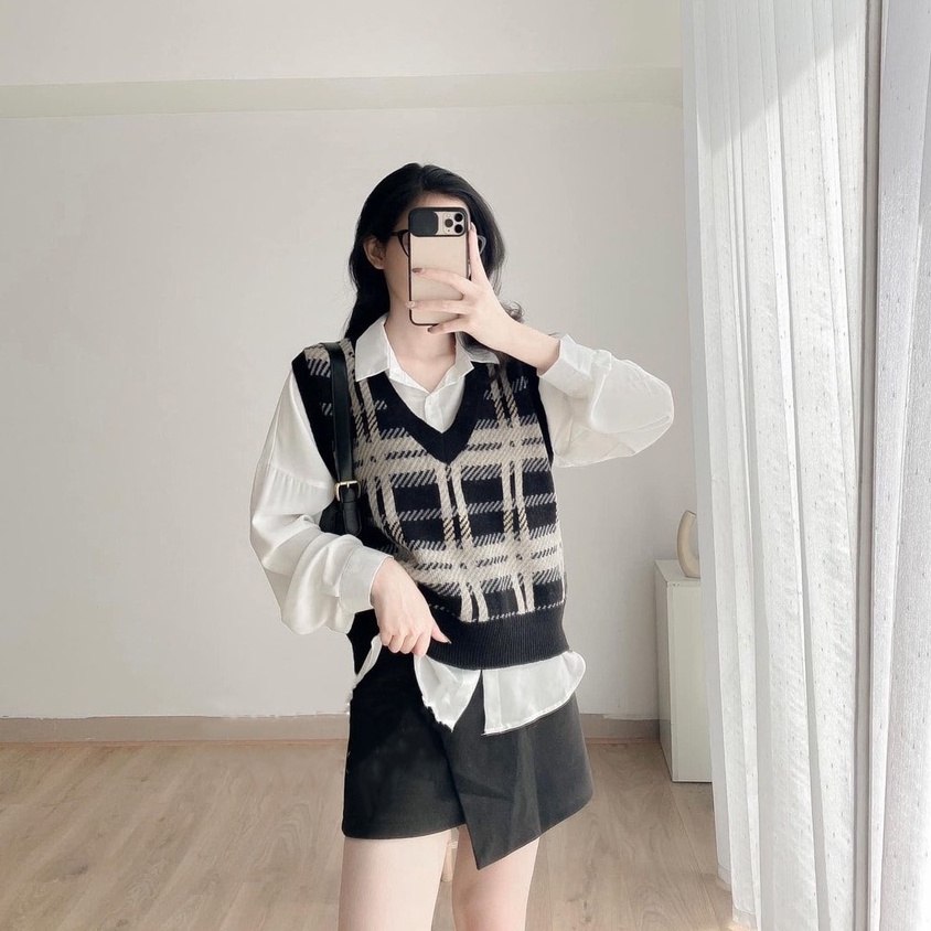 Áo gile caro nữ len kẻ đen phối áo sơ mi trắng dài tay Áo ghile nữ ulzzang Hàn Quốc - Maoshop