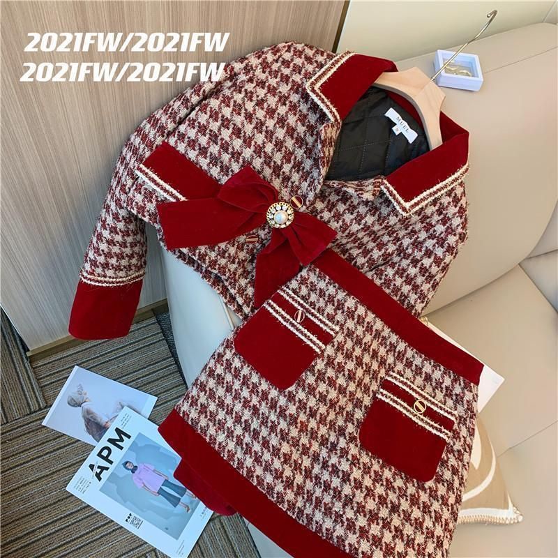 Set Dạ Tweed Kẻ Đỏ Hàng Quảng Châu Cao Cấp Dày Dặn May Sợi Kim Tuyến Lấp Lánh Kèm Nơ