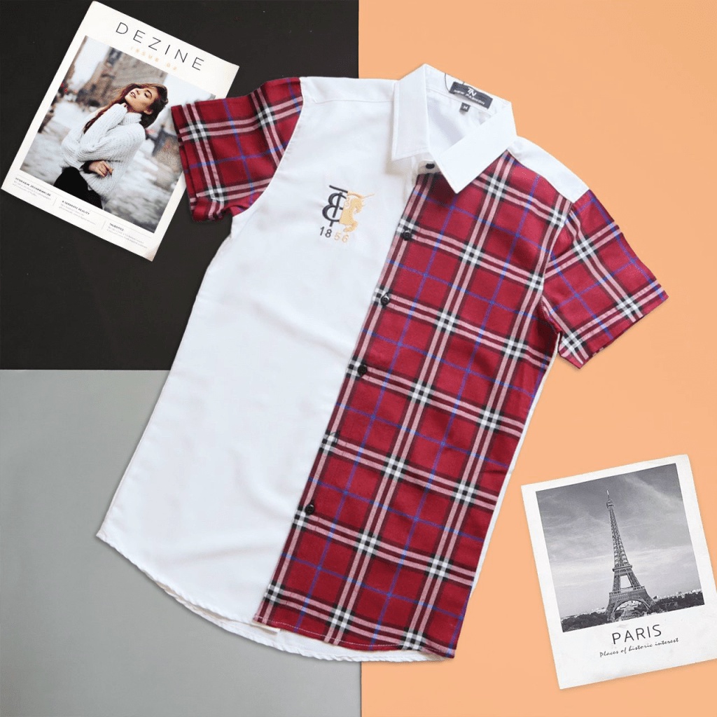 Áo Sơ Mi Nam Tay Ngắn Phối Nửa Sọc Caro Logo Thêu Nổi Vải Lụa Ép Nhiệt 3D Phong Cách Thời Trang Mới [NEW UNISEX]