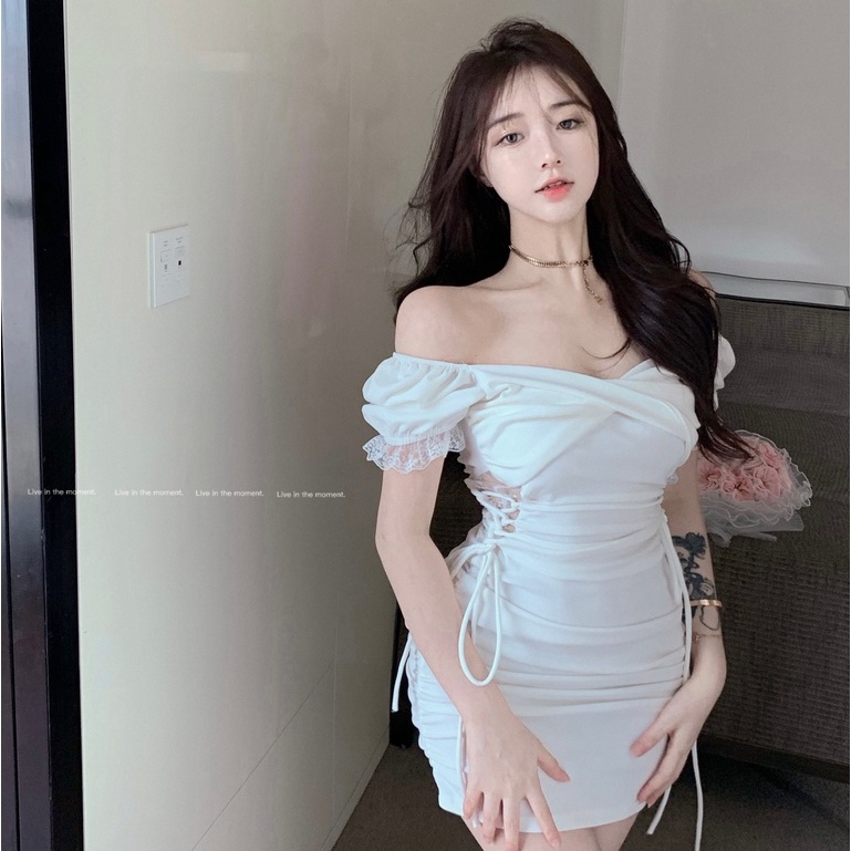 Đầm Ôm Dáng Tay Ngắn Cổ Chữ V Phối Ren Thời Trang Mùa Hè Mới Phong Cách Hàn Quốc Quyến Rũ Cho Nữ