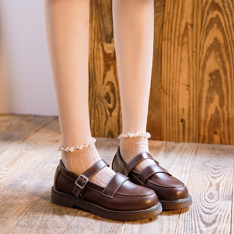 Giày Bệt Nữ, Oxfords Đế Bằng Đen Chống Trượt, Mary Janes Phong Cách Preppy (Mũi Tròn, Da)