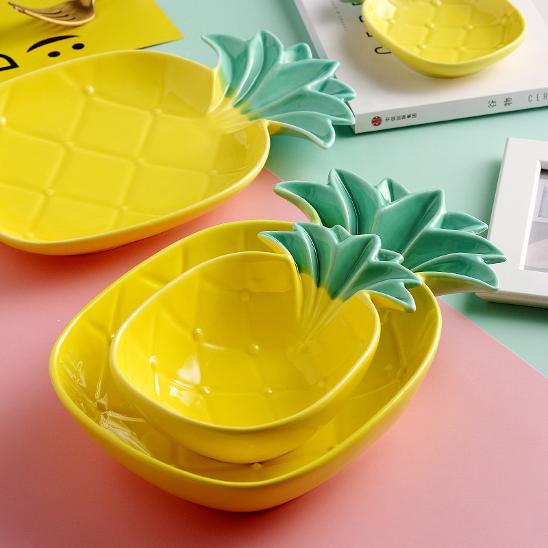 Bộ Bát Đĩa Gốm Sứ Hình Quả Dứa Vàng, Bát Hình Dứa Decor Siêu Xinh Chịu Nhiệt Cao