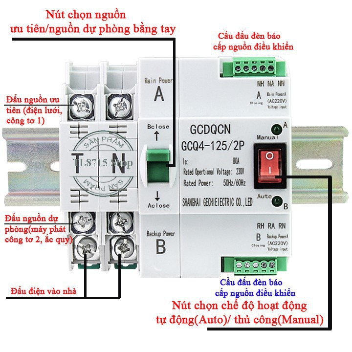 Bộ chuyền đổi 2 nguồn điện theo tháng gồm ATS  2P 80A không gây mất điện và công tắc hẹn giờ chu kỳ tháng BT1-30