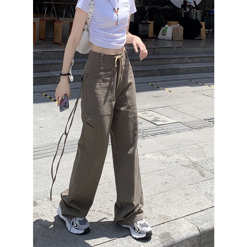 QADCOL Quần ống rộng Lưng Cao Dây Rút Phong Cách Retro Cho Nữ