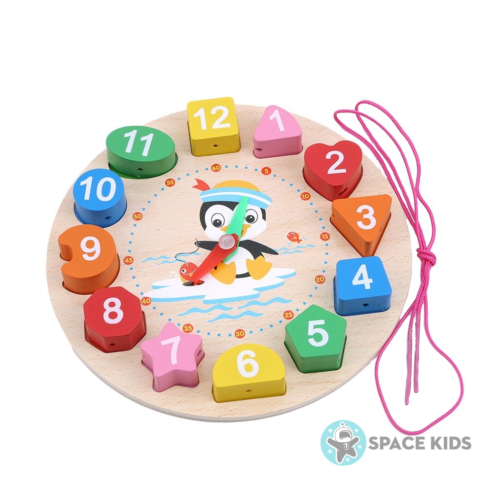 Đồ chơi giáo dục Space Kids Đồng hồ gỗ xếp khối và xỏ dây thông minh cho bé phát triển trí tuệ