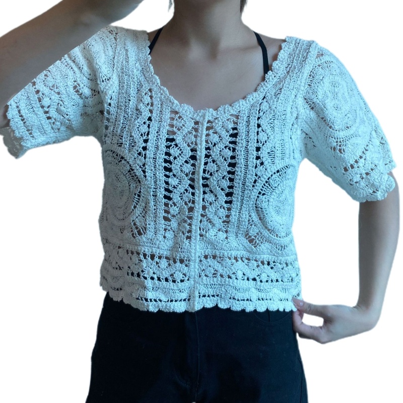 Áo Croptop Dệt Kim Tay Ngắn Cổ Tròn Thiết Kế Khoét Rỗng Thời Trang Đi Biển Cho Nữ