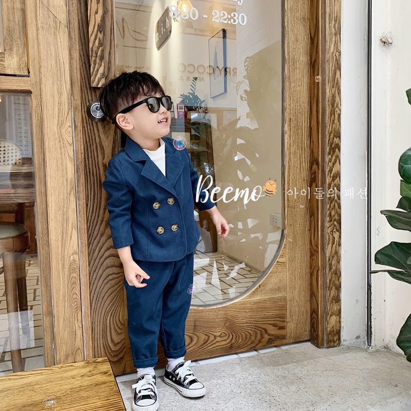 Set bộ vest nhung BEEMO 4 khuy cho bé trai Bộ suit bé trai chất liệu nhung chéo cao cấp - BST quần áo bé trai thu đông