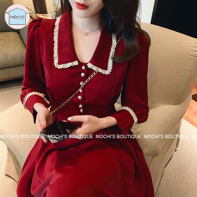 Váy đầm nữ dáng dài xòe cổ bẻ, mẫu váy đầm nữ đẹp dài tay, 2 màu đen đỏ nổi bật, chân váy dài qua gối nữ tính-M041 | BigBuy360 - bigbuy360.vn